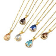 Brass Glass Pendants Necklaces, with 201 Stainless Steel Cable Chain Necklaces, Teardrop, Mixed Color, 15.83 inch(40.2cm)(NJEW-K269-09G)