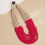 Bohemia Style Multi-strand Glass Seed Beaded Bib Necklaces for Women, Wax Cord Knitting Necklaces with Coconut Clasp, Fuchsia, 19.09 inch(48.5cm)(NJEW-G149-01B)