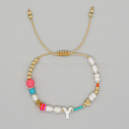 Initial Letter Natural Pearl Braided Bead Bracelet, Adjustable Bracelet, Letter Y, 11 inch(28cm)(LO8834-25)