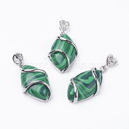 Synthetic Malachite Pendants, with Brass Findings, Horse Eye, Platinum, 38x17x7mm, Hole: 3x4mm(G-E423-02P)
