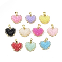 Druzy Resin Heart Pendants, Rack Plating Real 18K Gold Plated Brass Love Heart Charms, Long-Lasting Plated, Cadmium Free & Lead Free, Mixed Color, 13.5x15.5x7mm, Hole: 3.3x5.2mm(KK-R161-08G)