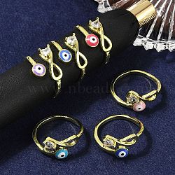 Brass Micro Pave Clear Cubic Zirconia Enamel Cuff Rings for Women, Infinity & Evil Eye, Real 18K Gold Plated, Mixed Color, Inner Diameter: 17mm(RJEW-L113-031G)