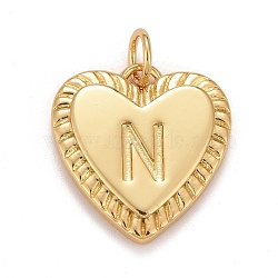 Rack Plating Real 18K Gold Plated Brass Pendants, with Jump Rings, Long-Lasting Plated, Lead Free & Cadmium Free & Nickel Free, Heart with Letter A~Z, Letter.N, 16x15x2.5mm, Jump Ring: 5x0.5mm, 3mm Inner Diameter(KK-E260-01G-N)