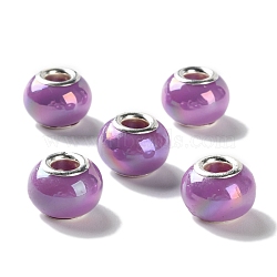 Opaque Brass Cores Acrylic European Beads, Round, Large Hole Bead, Silver, Medium Orchid, 14x10mm, Hole: 5mm(OACR-M024-04S-02)