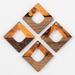 Resin & Walnut Wood Pendants, Rhombus, Orange, 27.5x27.5x3mm, Hole: 2mm, Side Length: 19.5mm(RESI-S389-024A-A01)