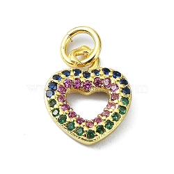 Brass Micro Pave Colorful Cubic Zirconia Pendants, with Jump Ring, Heart Charm, Real 18K Gold Plated, 12x9.5x2.5mm, Hole: 3mm(KK-H475-14G-04)