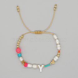 Initial Letter Natural Pearl Braided Bead Bracelet, Adjustable Bracelet, Letter Y, 11 inch(28cm)(LO8834-25)