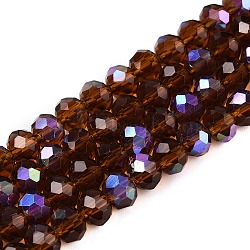 Electroplate Glass Beads Strands, Half Rainbow Plated, Faceted, Rondelle, Saddle Brown, 6x5mm, Hole: 1mm, about 84~85pcs/strand, 41.5~42cm(EGLA-A044-T6mm-L02)