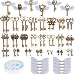 Skeleton Key & Wing Charm Bracelet DIY Making Kit, Including Zinc Alloy Pendant, Organza Fabric, Elastic Thread, Antique Bronze, Key Pendant: 46pcs/set(DIY-SC0017-43)