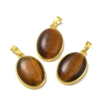 Natural Tiger Eye Pendants, Oval Charms, with Rack Plating Golden Plated Brass Findings, Lead Free & Cadmium Free, 31x20x7.5~8mm, Hole: 7x5mm