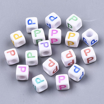 Opaque White Acrylic Beads, with Enamel, Horizontal Hole, Cube with Mixed Color Letter, Letter.P, 6x6x6mm, Hole: 3mm, about 2697pcs/465g