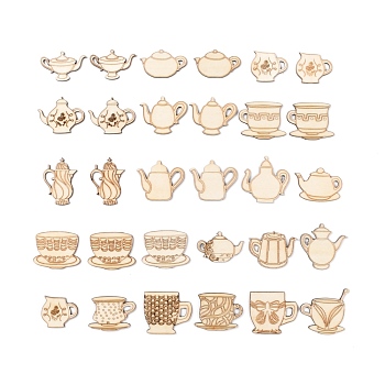 Wooden Cabochons, Wood Embellishments, Cup and Teapot, Floral White, 28~43x32~45x2.5mm