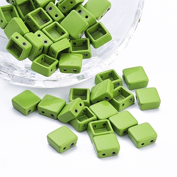 Spray Painted Alloy Multi-Strand Links, For Tile Elastic Bracelets Making, Square, Lime Green, 8x8x4mm, Hole: 1mm
