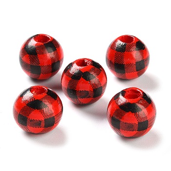 Printed Wood European Beads, Round with Tartan Pattern, Red, 13.5x13mm, Hole: 4mm