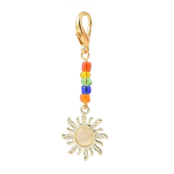 Sun Alloy Cat Eye Pendants Decorations, with Colorful Glass Seed Beads and Alloy Lobster Clasp, for Keychain, Purse, Backpack Ornament, Golden, 55mm, Pendant: 21.5x18.5x3mm
