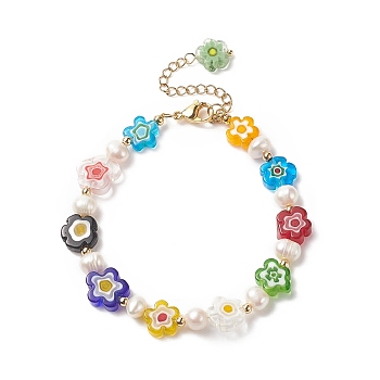 Millefiori Glass Flower & Natural Pearl Beaded Bracelet for Women, Colorful, 7-1/2 inch(19.2cm)