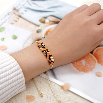 Friendship Leopard Print Loom Pattern Miyuki Seed Beads Bracelets for Women, Adjustable Nylon Cord Braided Bead Bracelets, Orange, 11 inch(28cm)