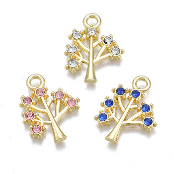 Alloy Pendants, with Rhinestone, Cadmium Free & Nickel Free & Lead Free, Tree of Life, Light Gold, Mixed Color, 20x15x2mm, Hole: 2mm