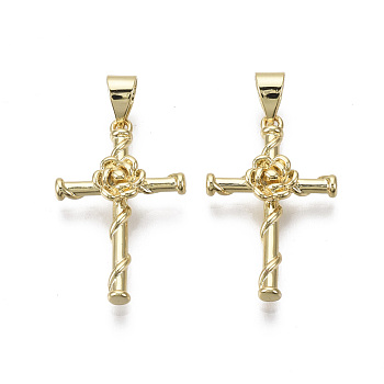 Brass Pendants, Cross with Rose, Nickel Free, Real 18K Gold Plated, 24x15x3.5mm, Hole: 3x4mm
