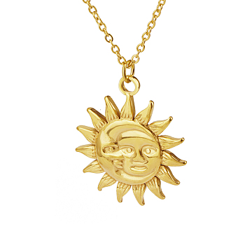 Stylish Stainless Steel Sun Pendant Necklaces for Women, Real 18K Gold Plated, 17.72 inch(45cm)