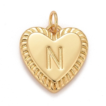 Rack Plating Real 18K Gold Plated Brass Pendants, with Jump Rings, Long-Lasting Plated, Lead Free & Cadmium Free & Nickel Free, Heart with Letter A~Z, Letter.N, 16x15x2.5mm, Jump Ring: 5x0.5mm, 3mm Inner Diameter