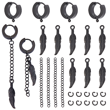 Unicraftale Feather Dangle Hoop Earring Making Kit, Including 304 Stainless Steel Pendants & Huggie Hoop Earrings Findings, Electrophoresis Black