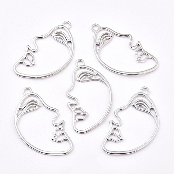 Alloy Pendants, Long-Lasting Plated, Face, Platinum, 42x24x2.5mm, Hole: 2.5x2.5mm