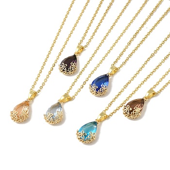 Brass Glass Pendants Necklaces, with 201 Stainless Steel Cable Chain Necklaces, Teardrop, Mixed Color, 15.83 inch(40.2cm)
