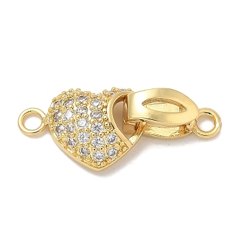 Rack Plating Heart Brass Fold Over Clasps, with Micro Pave Clear Cubic Zirconia, Cadmium Free & Lead Free, Long-Lasting Plated, Real 18K Gold Plated, 10.5x24.5x6mm, Hole: 2mm