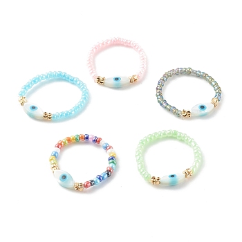 Natural White Shell Mother of Pearl Shell Stretch Finger Rings, with Glass Seed Beads, Mixed Color, Inner Diameter: 18.5mm