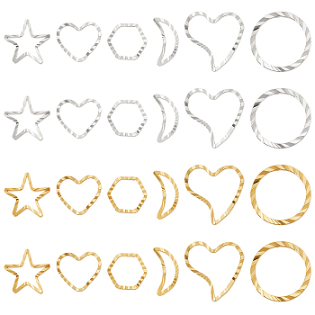 AHADEMAKER 120Pcs 12 Style Brass Linking Rings, Long-Lasting Plated, Cadmium Free & Lead Free, Heart & Moon & Star & Ring & Hexagon, Golden & Silver, 6~10x4~10x1mm, Inner Diameter: 4~8x5~8mm, 10pcs/style