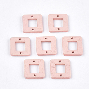 Painted Poplar Wood Links, Square, Pink, 18x18x2.5mm, Hole: 1.5mm