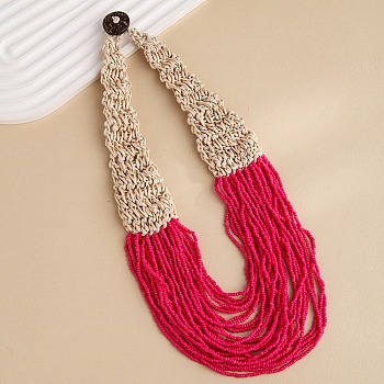 Bohemia Style Multi-strand Glass Seed Beaded Bib Necklaces for Women, Wax Cord Knitting Necklaces with Coconut Clasp, Fuchsia, 19.09 inch(48.5cm)