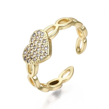 Brass Micro Pave Clear Cubic Zirconia Cuff Rings, Open Rings, Nickel Free, Heart, Real 16K Gold Plated, US Size 6(16.5mm)