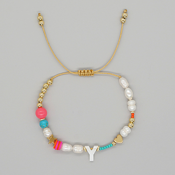 Initial Letter Natural Pearl Braided Bead Bracelet, Adjustable Bracelet, Letter Y, 11 inch(28cm)