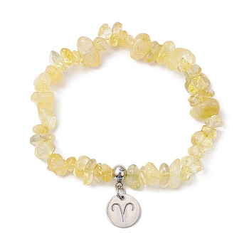 Natural Citrine Chip Beaded Stretch Bracelets, 304 Stainless Steel Aries Charm Bracelets for Women, Inner Diameter: 1-7/8~2-1/4 inch(4.8~5.7cm)