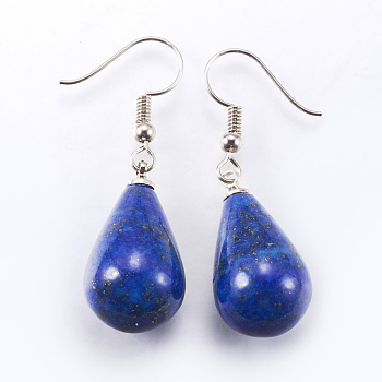 Natural Lapis Lazuli Dangle Earrings, with Brass Earring Hooks, Drop, Platinum, 43mm, Pin: 0.5mm