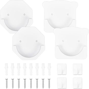 Olycraft 8Pcs ABS Hook Hanger, with Self Adhesive Sticker, with Iron Screws and Plastic Nut, Bear & Rectangle & Hexagon, White, 8x8x1.5cm, Hole: 4mm