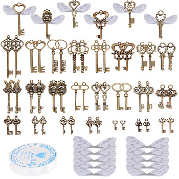 SUNNYCLUE Skeleton Key & Wing Charm Bracelet DIY Making Kit, Including Zinc Alloy Pendant, Organza Fabric, Elastic Thread, Antique Bronze, Key Pendant: 46pcs/set