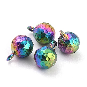 Ion Plating(IP) 304 Stainless Steel Charms, Round, Textured, Rainbow Color, 9x6mm, Hole: 1.8mm