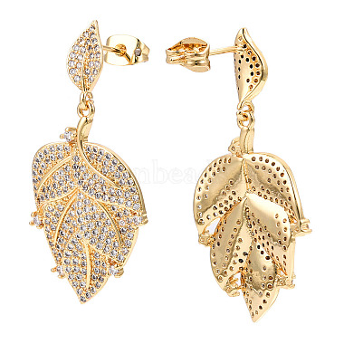 Clear Cubic Zirconia Maple Leaf Dangle Stud Earring(EJEW-C008-04G)-3