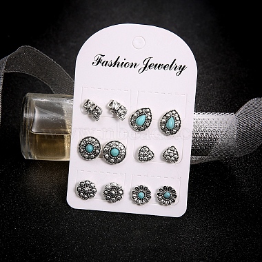 6 Pairs 6 Style Flower & Heart & Teardrop Synthetic Turquoise Stud Earrings with Rhinestone(AJEW-PW0005-26AS)-3