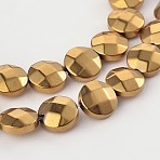 Electroplated Non-magnetic Synthetic Hematite Flat Round Bead Strands, Faceted, Golden Plated, 8x3.5mm, Hole: 1mm, about 51pcs/strand, 15.74 inch(G-L368-06E)