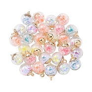 46Pcs 2 Style Transparent Glass Ball Bottle Pendants, with Glitter Sequins and CCB Plastic Findings, Round & Star and Round & Diamond, Glow in the Dark Luminous Pendant, Mixed Color, 21x15.5~16mm, Hole: 2mm, 2style, 23pc/style, 46pc/box(GLAA-YW0001-34)