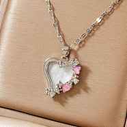 Brass Clear Cubic Zirconia Heart Necklaces, with Pink Enamel, Platinum, 15.75 inch(40cm)(CH4119-2)