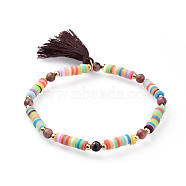 Polymer Clay Heishi Bead Stretch Charm Bracelets, with Natural Rhodonite Beads, Brass Beads and Cotton Thread Tassels, Brown, 2 inch(5.2cm)(BJEW-JB04562-01)