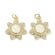Brass Micro Pave Clear Cubic Zirconia Pendants, with Synthetic Opal and Jump Rings, Real 18K Gold Plated, Flower Charms, White, 20.5x18x3.5mm, Hole: 3mm(KK-L213-019G)