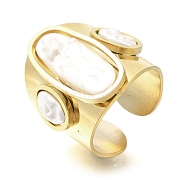 304 Stainless Steel Wide Open Cuff Rings for Women, with Shell, Golden, Adjustable, 25mm wide(RJEW-M023-02G)