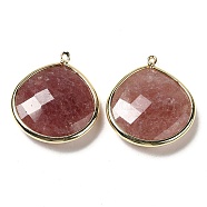 Natural Strawberry Quartz Pendants, with Golden Brass Edge, Faceted, Undyed, Teardrop, 28x25x6mm, Hole: 1.6mm(G-B009-07G-V)
