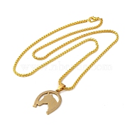Horseshoe with Horse Head 201 Stainless Steel Pendant Necklace with Iron Box Chains, Golden, 23.98 inch(60.9cm)(NJEW-D048-01G)
